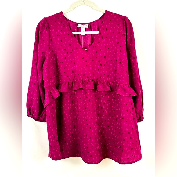 Isabel Maternity 3/4 Sleeve V neck Ruffle Waist Berry Print  Woven Top XS - Picture 2 of 6